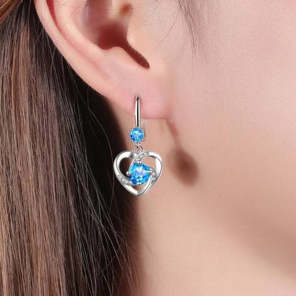 🎀925 Lady Aqua Heart Drop Earrings - Picture 2 of 6